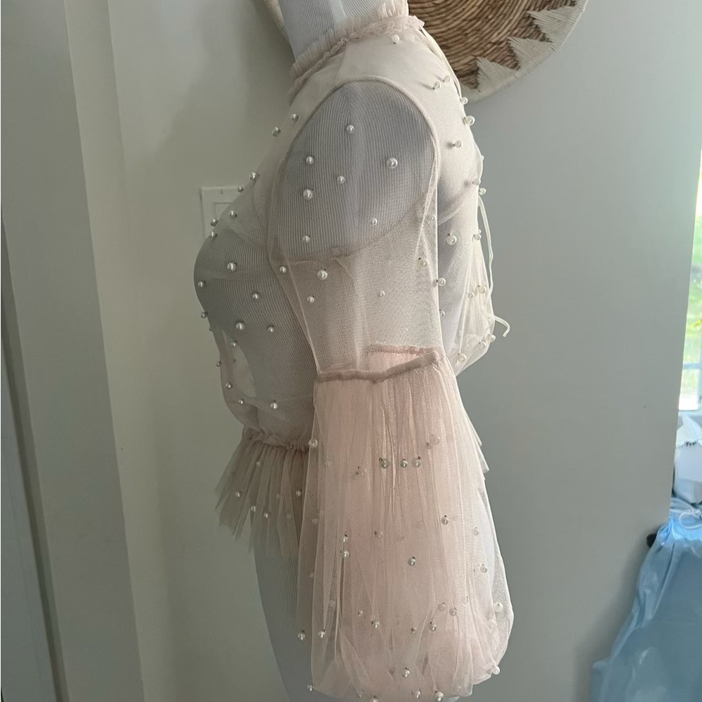 Elegant Pearl-Embellished Sheer Top - Cream - Picture 2 of 3